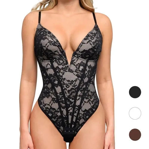 Popilush Plunging V-Neck Lace Corset Shapewear Bodysuit Womenswear Bra-LIVE