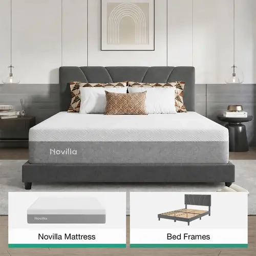[2 Packages Shipping]Novilla Sleep Bundle 2-piece bedroom set: 12" Cooling Gel Mattress + Upholstered Bed Frame,Fall Deals For You
