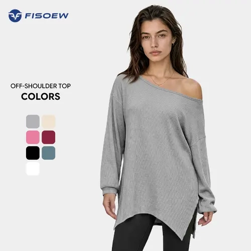 Fisoew Women's Off-Shoulder Ribbed Oversized Tunic Sweater - Casual Comfy Long-Sleeve Pullover, Asymmetrical Neck Loose Fit Knitwear, Big-Tall Clothes for Women, Long Sleeve Tops