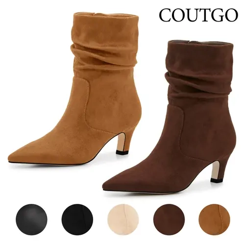 Coutgo Women's Classic Minimalist Ankle Booties - Footwear for Women, Ankle Height, Slouchy Breathable Lightweight Faux Leather Pointed Toe Kitten Heels, Side Zipper, Plain Design, Rubber Sole, Synthetic Material, All Seasons