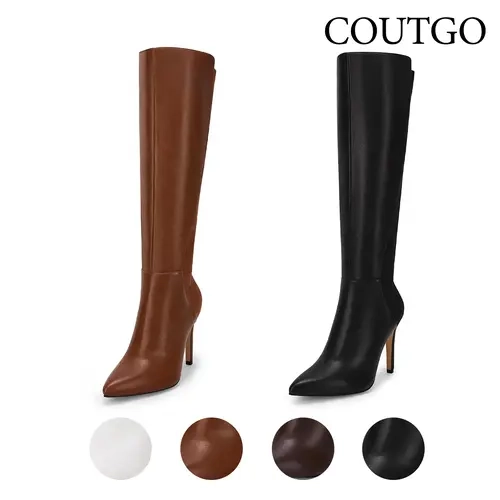 Coutgo Women's Mid-Calf Faux Leather Stiletto Dress Boots - Footwear Fashion, Secure Zip Closure, Breathable Lightweight Minimalist Casual All-Seasons Shoes, Plain Synthetic Rubber Sole