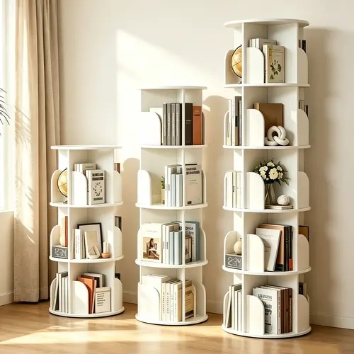 Sweetcrispy 3/4/5-Tier PVC Plastic 360° Rotating Floor Standing Corner Shelf Bookshelf - 25+kg Per Tier, Layered Slots, Damp-Cloth Clean, Storage Organization, Room Decor, Small Space Apartment Furniture