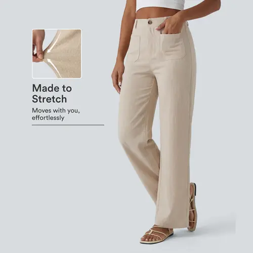【Creator’s Pick】Halara High Waisted Straight Leg Casual Linen-Feel Pants with Pockets