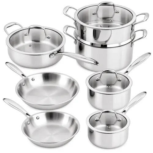 USELUCK 11-Piece Stainless Steel Nontoxic Cookware Set - Coating-Free Pots and Pans, Aluminum Core for Even Heat, Stay-Cool Handles, Induction Compatible