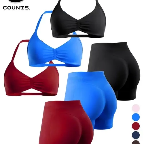 Women's Sports Bra and High-Waisted Shorts Set, High Elastic Activewear, Fitness Apparel, Detachable Pads, Butt Lifter, Ideal for Yoga, Fitness, Daily Wear, 6-Piece Suite