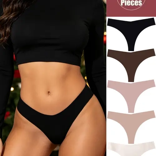 5-Pack Women's Seamless Construction Low-Waist Underwear Set, Soft Stretchy Material, Plain Design, Sexy Bikini Style, Bikini Undie, All-Seasons Comfort, Bikini Sets