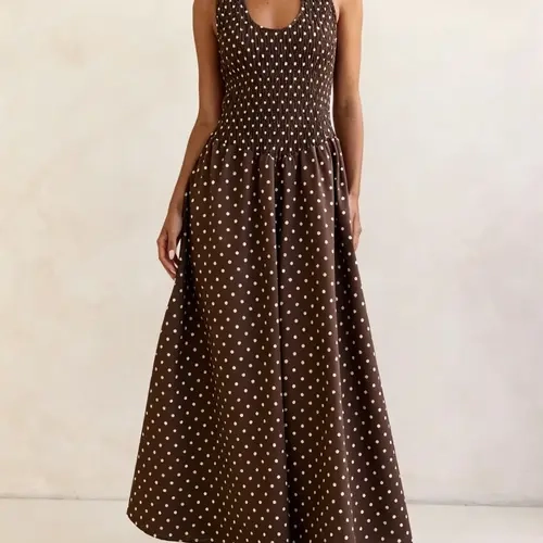 Polka Dot Sleeveless Long Dress, U-Neck A-Line Skirt, Vintage Y2K Style Chic Casual Dress, Polka Dot Dress, Elegant Daily Wear, Soft Long A-Line Umbrella Skirt