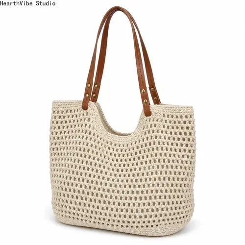 Women's Lightweight Brown Crochet Casual Handbag - Open-Knit Mesh Tote with Faux Leather Grip, Magnetic Closure, Fashionable Bohemian Gym Bag for Beach & Shopping