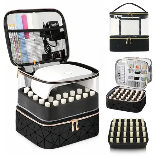 Professional Double Layer Nail Polish Organizer Bag Holds 60 Bottles & UV Lamp Water Resistant Nylon Travel Case Portable Cosmetic Makeup Train Case Manicure Tools Storage Adjustable Dividers Minimalist Quilted Jewelry Box Girlfriend Valentine's Gift