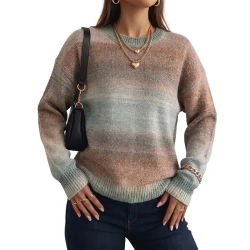 Dokotoo Women's Gradient Ombre Sweater, Soft Knit Long Sleeve Pullover Top, Crewneck Color Block Loose Fit Cozy Fall Winter Casual Outfit Knitwear Womenswear