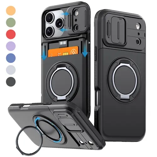 OREKROY For iPhone 18 Pro Max 17 Pro Max 17E Card Holder Wallet Case with Camera Lens Cover, 360° Rotating Ring Kickstand, Hybrid Dual-Layer Heavy Duty Shockproof Phone Cover for iPhone 12/13/14/15/16/17 Pro Max Plus