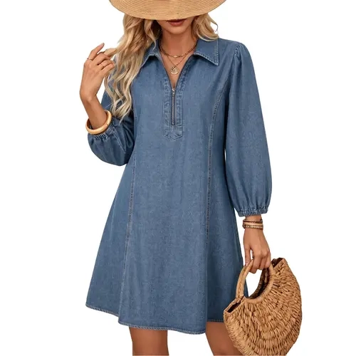 Dokotoo Women's Western Denim Mini Dress, High Waist 3/4 Sleeve Zip Up Casual Dresses, Loose Fit Cowboy Style Streetwear Outfit for Fall & Daily Wear Long Sleeve Collared