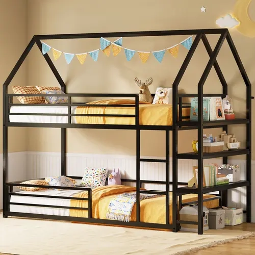 LIKIMIO Twin Over Twin Metal Bed Frame with Storage - Space-Saving Modern Indoor Bedroom Furniture, Multi-Compartment Storage Bed with 3-Tier Shelves, Ladder, Guardrail Safety, Pre-Labeled Parts, No Box Spring Needed for Apartment Decor