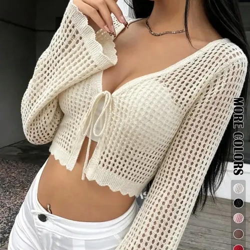 Women's Plain Hollow Out Tie Front Crop Cardigan, Casual Chic Feminine Flounce Long Sleeve V Neck Cover Up Tops, Knitwear for Spring & Fall, Women's Knit Clothing for Daily Wear