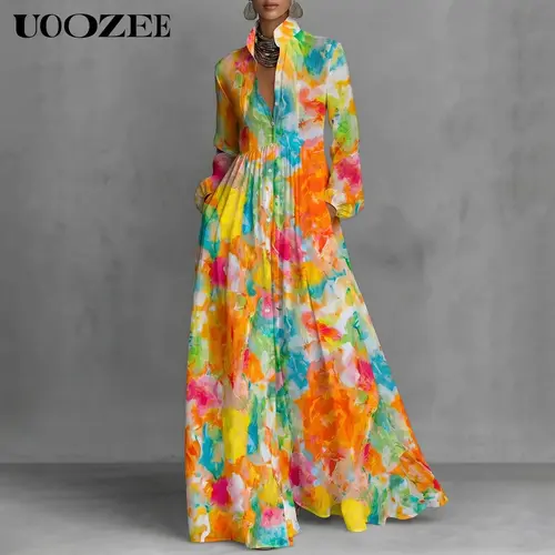 UOOZEE Women's Stylish Bohemian Mock Neck Balloon-Sleeve Floral Print Breathable Lightweight Polyester A-Line Maxi Dress with Pockets - Casual Wear Shirt Dress for Beach, Everyday Statement Occasions