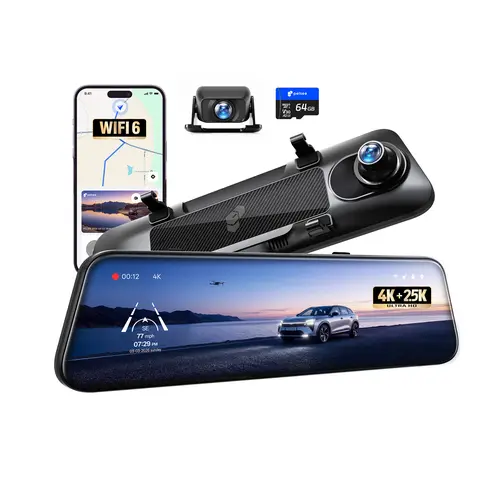 Pelsee S12 Model Telephoto Dashcam - Native 4K + 2.5K (1440p) Rear View Mirror Camera with 8MP Sensor, Color Night Vision, Wi-Fi 6 30MB/s Download, GPS Route & Speed, 64GB Memory Card, Dual Record Backup for SUVs, Commuters' Daily Commuting