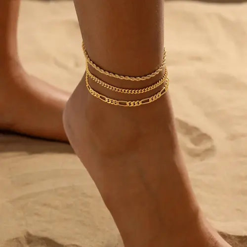 CAROVO Women's 14-Carat Gold Plated Anklets Set of 3 - Rope, Cuban Link, Figaro Styles, Waterproof Non-Tarnish Female Daily Costume Jewelry, Birthday Gift for Women