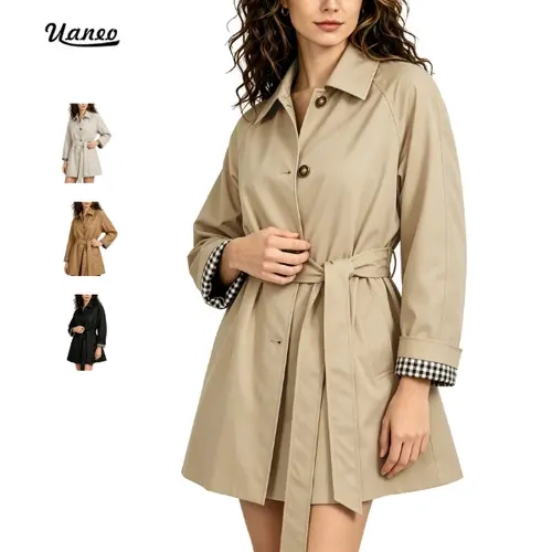 UANEO Womens Mid-Length Trench Coat Classic Lapel Casual Outerwear with Checkered Lining Office & Weekend Style