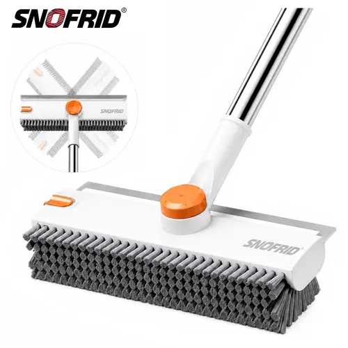 Snofrid Floor Scrub Brush,360 degrees  3 in 1 Floor Scrub Brush with 54-in Adjustable Long Handle and Scraper Heavy Duty Stiff Bristle Floor Scrubber for Cleaning Shower Bathroom Kitchen Patio Garage Pool Wall and Deck, Orange&White