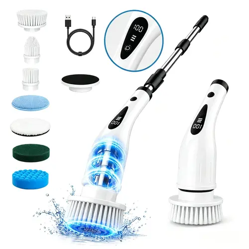 2026 Upgraded Wireless Rechargeable Battery-Powered Spin Scrubber with LCD Display, 8 Replaceable Brush Heads, 3-Speed Settings, Extendable Handle for Reach High/Low, Type-C Fast Charge, IPX7 Waterproof, 330-390 RPM Spin - Home Cleaning Tool for Bathroom