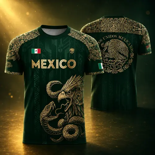 Unisex Mexico National Team Jersey Shirts - Mexico Soccer Jerseys with Aztec Eagle Snake Graphic, Breathable Athletic Tops, Green Gold Fan Apparel, Match Day Gift, Casual Heritage Streetwear