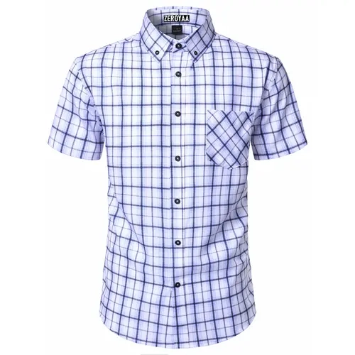 ZEROYAA Men's Classic Check Cross-Check Pocket Button Down Shirt - Casual Short-Sleeve Tops with Wrinkle-Free Silky 4-Way Stretch Fabric, Smooth Softness, Shape Retention, Tapered Menswear, Hang Dry, Wedding Ready, Checked