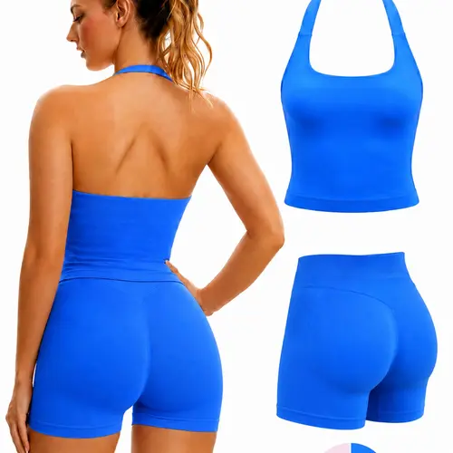 Women's Seamless Yoga Set with Detachable Pads, Halter Backless Top & High-Waist Shorts, Breathable Fabric, Exercise Clothing, Workout &, Sports Wear Set