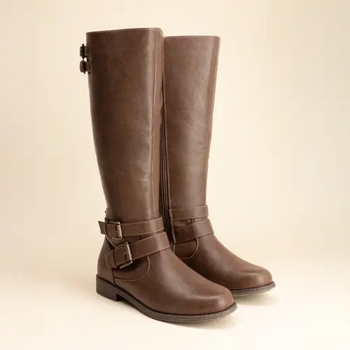 JUST FAB Womens Knee High Boots Eco Leather Riding Boots Knee High Boots for Women Low Heel Casual Boots for Women Brown boots for fall Wide Calf Size Up SohoChic BackToSchool