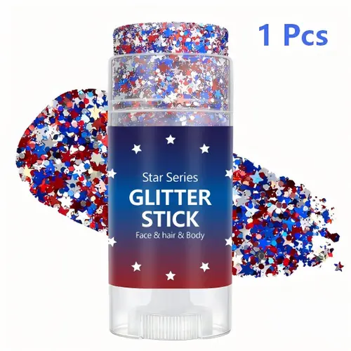 Red White Blue Star Shimmer Glitter Pigment Whole Body Stick - Unisex Compact Twist-To-Apply Cosmetic, Sweat-Safe, Portable Party Supplies Makeup (1 Pack)