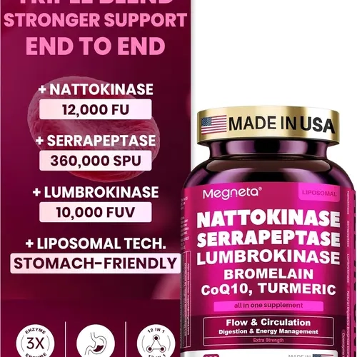 MEGNETA Nattokinase Supplement 12,000 FU (Max Strength) Serrapeptase 360,000 sPU, Lumbrokinase 10,000 FUV & CoQ10 -Systemic Enzymes Complex for Cardiovascular & Circulatory Health Support-100 Capsule