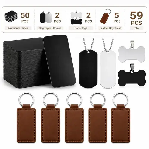 59PCS Handcraft Laser Engraving Tool Kit for Laser Engraver-Cutter - Leather Products, 5 Leather Keychains, 2 Tag Sets, 50 Metal Aluminum Sheets, Stainless Steel Blanks for DIY Crafts, Personalized Gifts