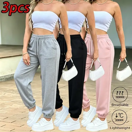 Women's High-Waist Cuffed Joggers 3-Pack - Cool & Breathable Synthetic Elastic Waist Drawstring Sweatpants for Athletes, Workout & Casual Wear, Drawstring Jogger Trousers