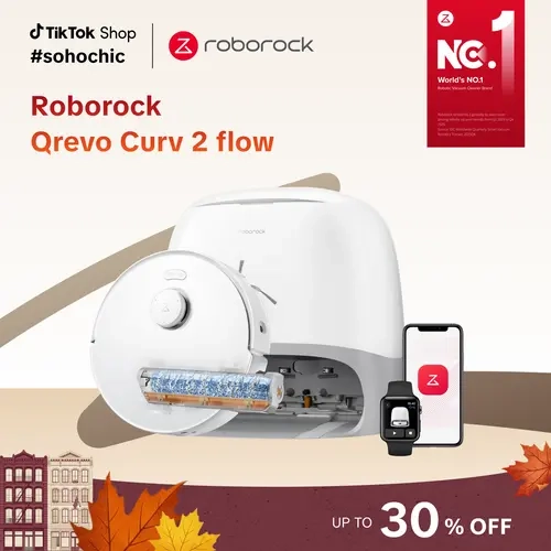 Roborock Qrevo Curv Series 2 Flow Vacuum Mop Combo, Autonomous Robotic Floor Cleaner Machine with 20KPa Power Lift, SpiraFlow Real-Time Self-Cleaning Roller, Dual No-Tangle System, AI Obstacle Avoidance, Heat-Wash & Dry, Carpet Protection, Wi-Fi Enabled