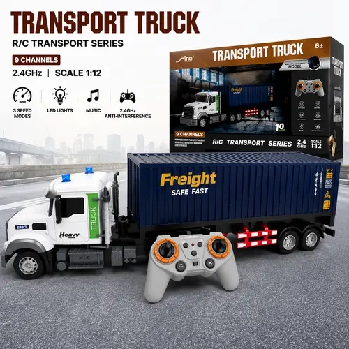 1:24 Scale 9-Channel Remote Control Semi Truck - 23.6 in Detachable Container Trailer, 2.4GHz Non-Interference RC Truck with LED Lights, Music & Horn FX, ABS Plastic, Rechargeable Batteries (40 min)