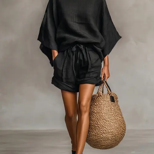 Spring Summer New Women's Loose Batwing Sleeve Top with Wide Leg Shorts, Casual Elegant Chic Vacation Style, Comfortable and Stylish Clothes Aesthetic Shorts Matching Set