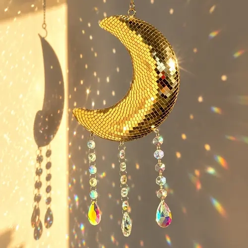 Disco Crystal Moon Pendant, Reflective Mirror Ball Decor, Retro Disco Chain Hanging Ornament, Garden Wall Festival Decoration, Bedroom, Dorm, Patio Gift