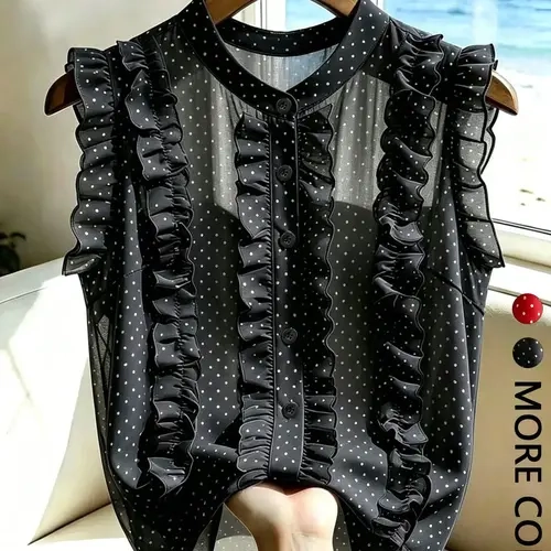 Women's Polka Dot Blouse, Stand Collar, Sleeveless Ruffle Trim, Front Button Placket, Daily Casual Office Vacation Wear, Sheer Lightweight Breathable