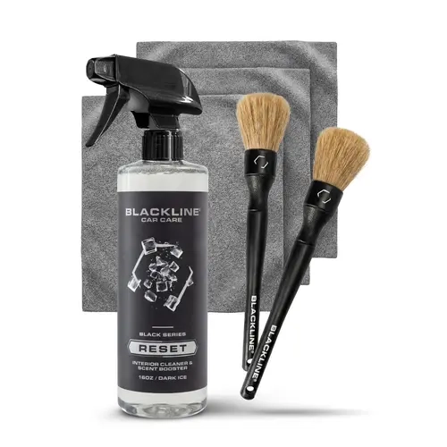 BLACKLINE RESET 5 Complete Car Cleaning Kit - 16oz Scented Sour Cherry & Teakwood Aroma, Edgeless Microfiber, Surface-Safe Formula, Streak-Free Finish, Boar Hair, Interior Detailing Leather & Upholstery Cleaner, Complete System, Effective for Detailers