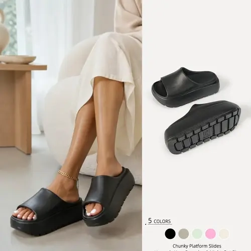Women’s trendy EVA platform slides, Sliders Shoes, soft & lightweight for indoor and outdoor wear. Available in 5 versatile colors. Non‑slip casual everyday slides, your go‑to summer footwear.
