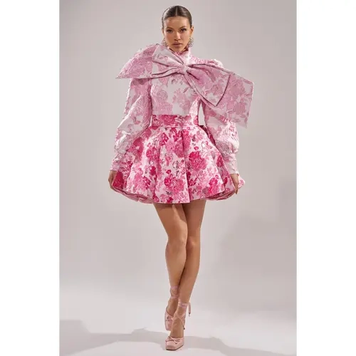 RENAISSANCE TWO-TONE BROCADE MINI DRESS IN PINK