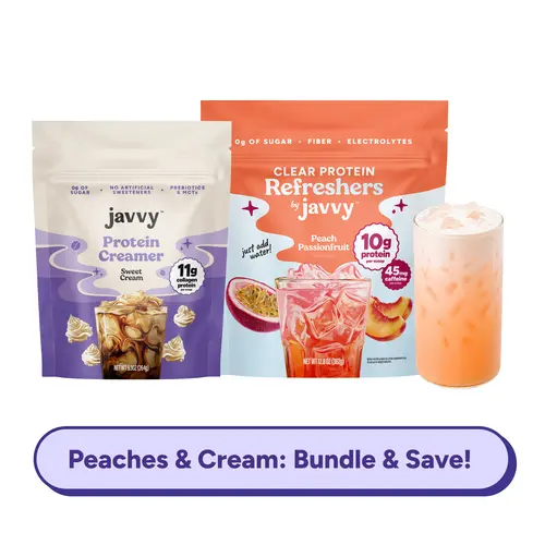 Javvy Peaches & Cream TikTok Exclusive Bundle - Peach Passionfruit Clear Protein Refresher + Sweet Cream Protein Creamer - 10g + 14g Protein, 45mg Caffeine, 0g Sugar, Fiber, Electrolytes & MCTs, Naturally Flavored, Just Add Water