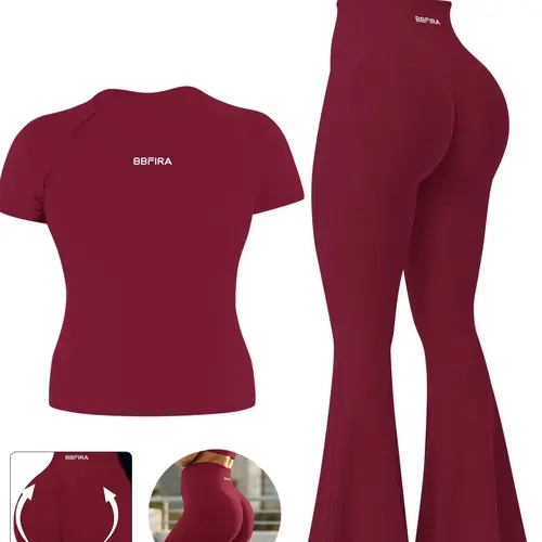 Women's 2-Piece Short Sleeve & Pants Set, Crew Neck Knit Top + Straight Micro Flare Pants, High Waist Seamless Activewear Set, Stretchy Activewear, Gym Workout Set, Seamless Yoga Outfits, Casual Outfit for Running, Cycling, Yoga & Outdoor Activities