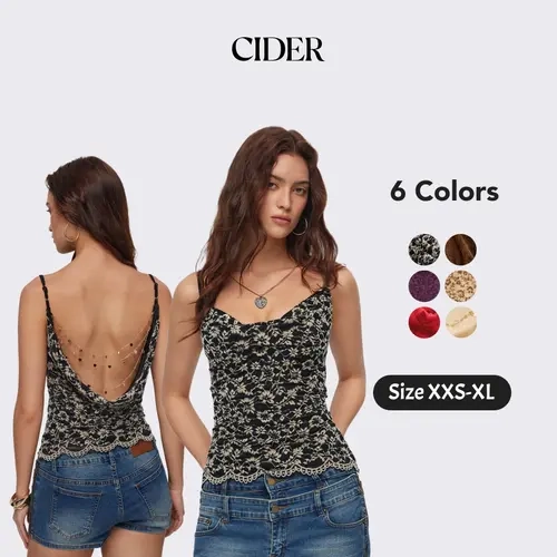 Cider Lace Cowl Neck Ruffled Backless Cami Top With Chain
