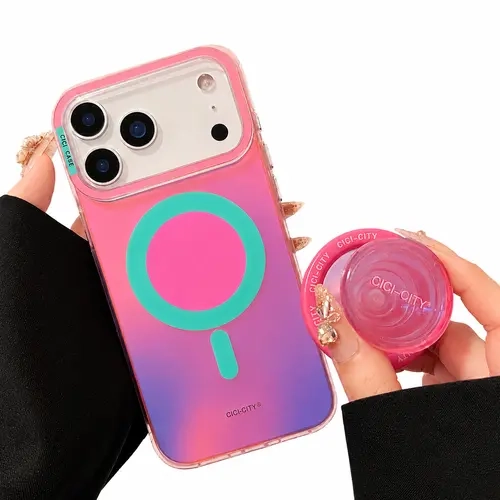 OREKROY Gradient MagSafe iPhone Case + Magnetic Pop Grip, Iridescent Protective Cover for iPhone 18 Pro Promax,17 Air 17 16 15 14 13 Pro Max, Trendy Colorful Phone Stand Case