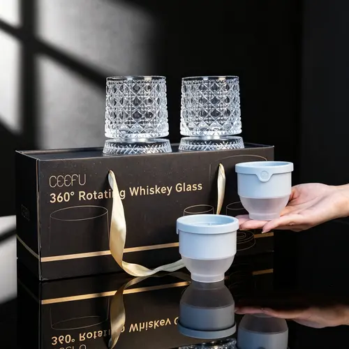 Stylish 2-Piece 360° Rotating Premium Drinking Glasses Set - 280ml/9.57oz Snowflake Design Rotating Whiskey Cups, Ice Ball Molds, Gift-Ready Box - Festive Home Supplies for Bourbon Lovers