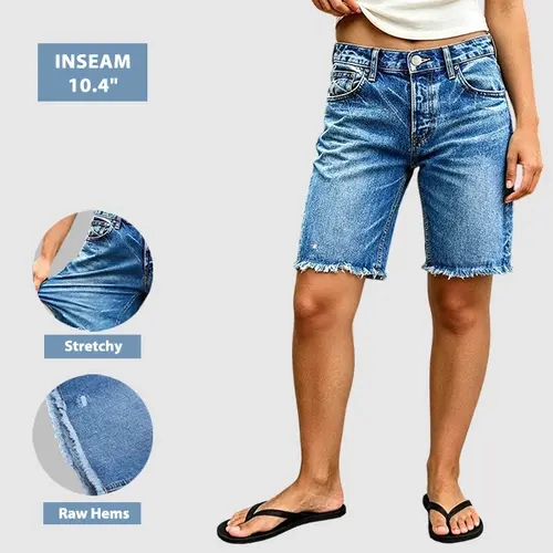 Flamingals Wash Raw Hem Mid Rise Denim Bermuda Shorts Stretchy 9-13'' Inseam
