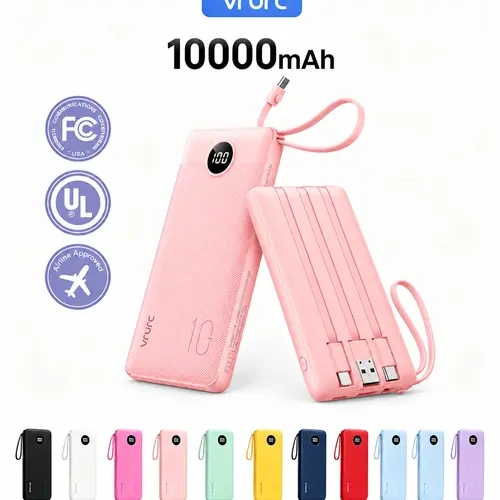VRURC 10000mAh  Power Bank, Cute Slim Multi-Device Portable Charger with Built-in Cables for iPhone, Android - Purple, FallDealsForYou