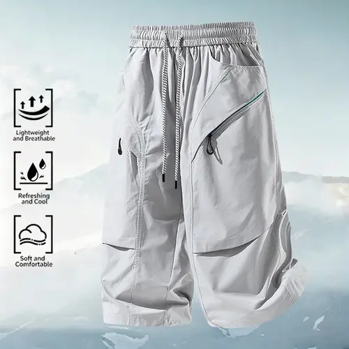Men's Stylish Baggy Plain Loose 7/8 Athletic Casual Pants - Drawstring Mid Waist, Multiple Anti-Theft Pockets, Comfortable Breathable Moisture-Wicking Fabric, Outdoor Use - Ideal for Summer, Travel (Father's Day Gift)