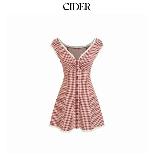 Cider Gingham V-neck Short Sleeve Ruched Lace Trim A-line Mini Dress