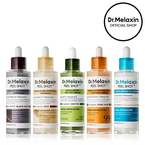 [Dr.Melaxin Official] Peel Shot Exfoliating Ampoule Set, 5-Piece | White Rice, Black Rice, Kojic Acid Turmeric, TX & Cactus | Gentle Face Exfoliator for Pores, Dark Spots, Puffiness & Glow | Korean Skincare